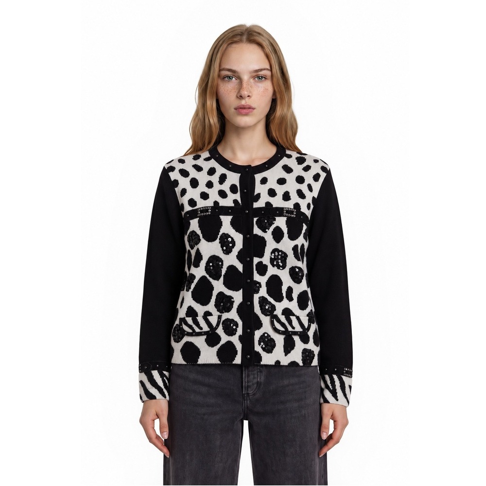 Berek Cardigan Sweater Women's Size XL Black White Animal Print Beaded Vintage